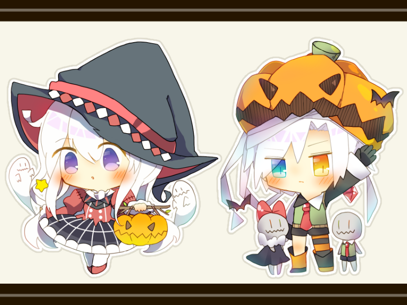 1boy, 1girl, black_shorts, blush, chibi, ghost, ghost_tail, hat