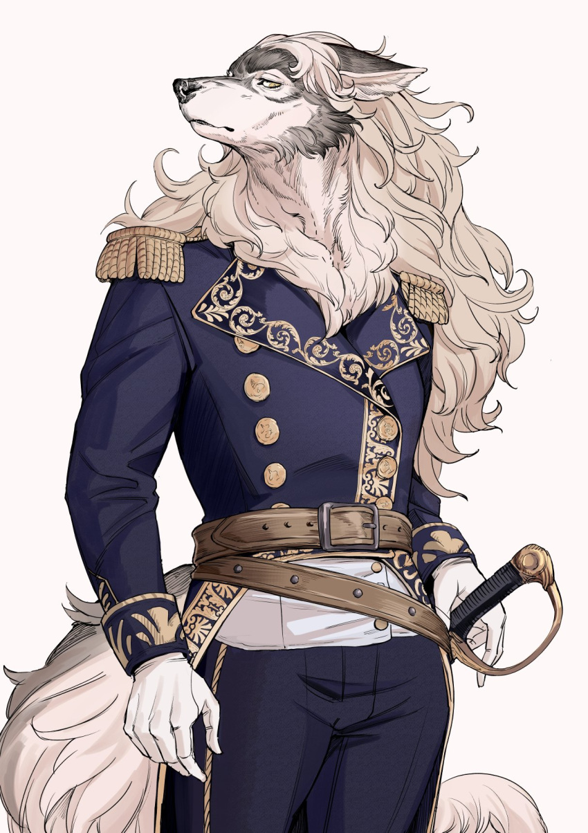 1boy, aiguillette, belt, belt_buckle, blonde_hair, blue_jacket, blue_pants, buckle