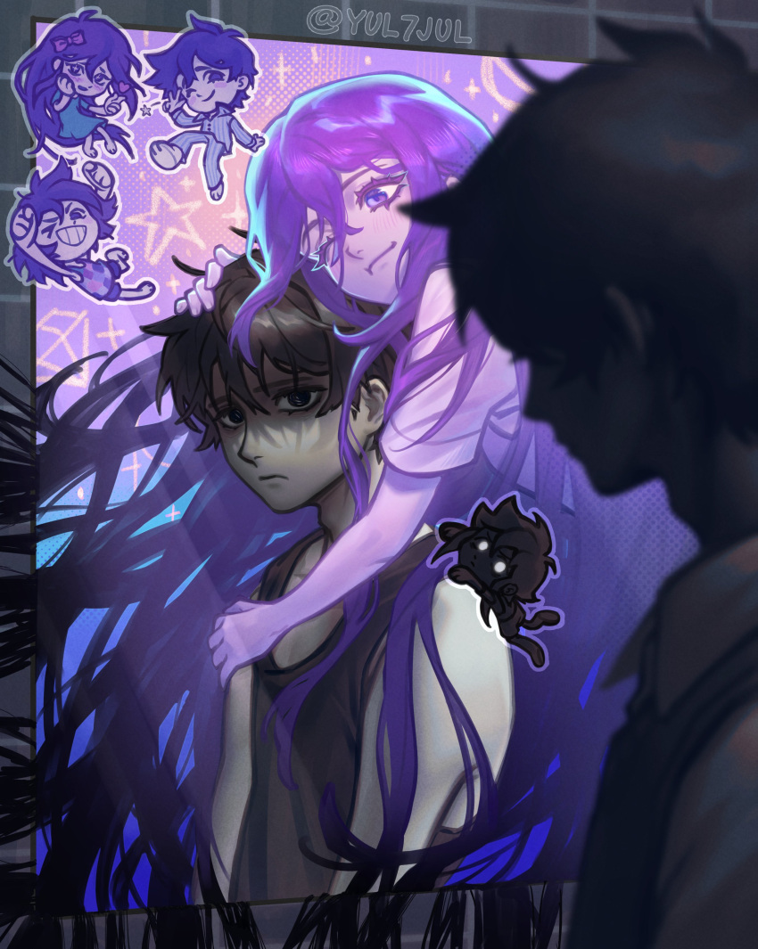 2girls, 5boys, absurdres, aubrey_(headspace)_(omori), aubrey_(omori), black_eyes, black_hair, bow