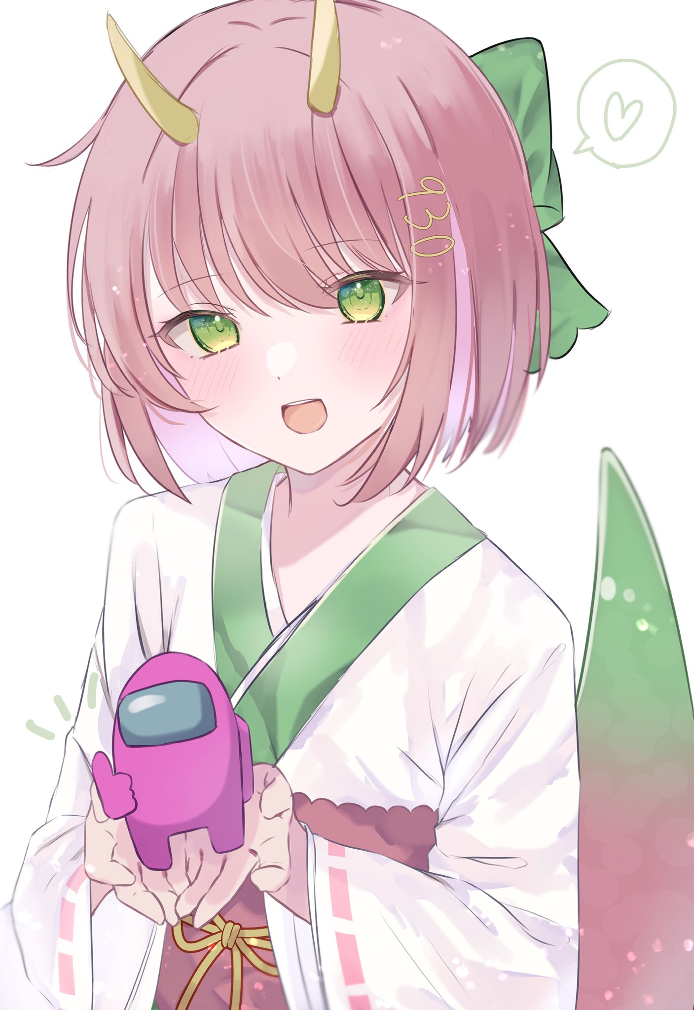 1girl, among_us, blush, bow, crewmate_(among_us), green_bow, green_eyes, gusao