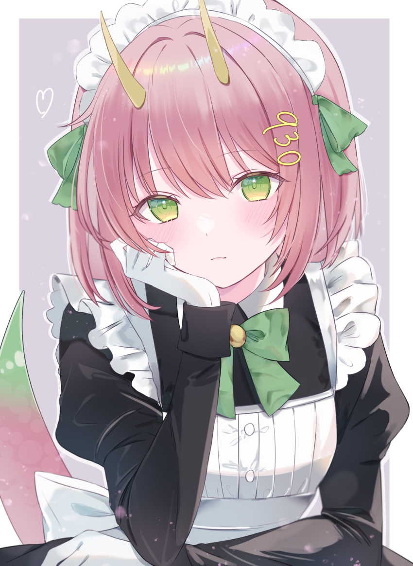 1girl, apron, black_dress, bow, bowtie, dress, green_bow, green_bowtie