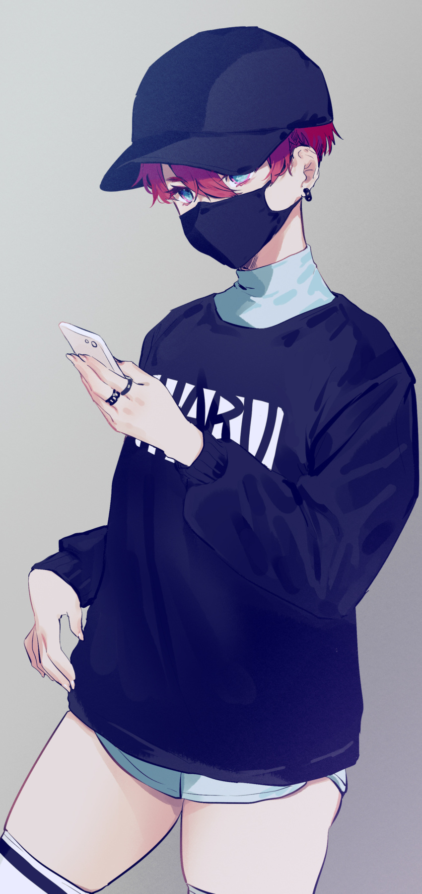 1girl, absurdres, baseball_cap, black_headwear, black_mask, black_sweater, blue_eyes, blue_shorts