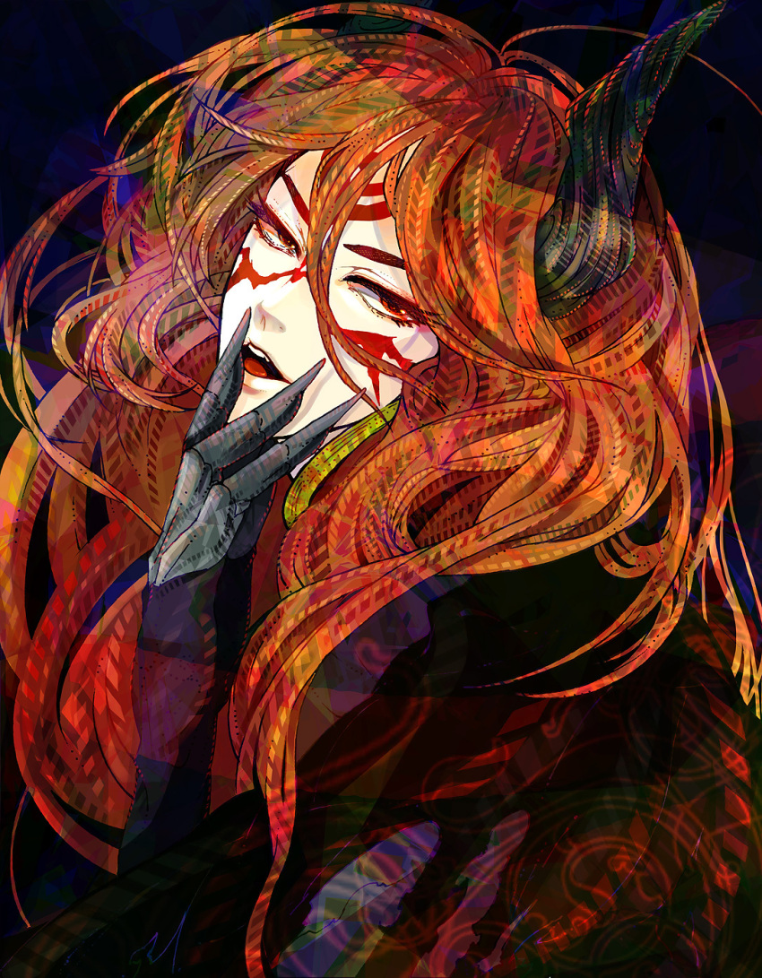 facial_mark, highres, horns, male, monster_boy, multicolored_hair, orange_hair, pepepo