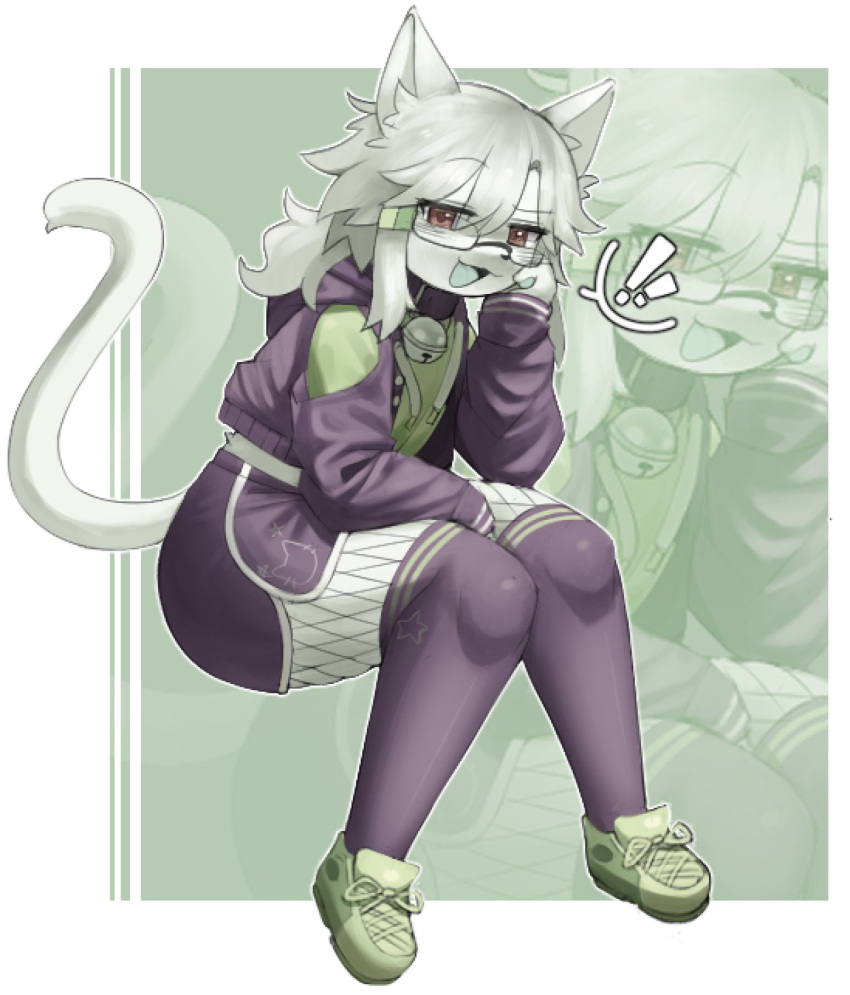 !, !!, 1girl, animal_ears, bell, black_shorts, black_thighhighs, brown_eyes