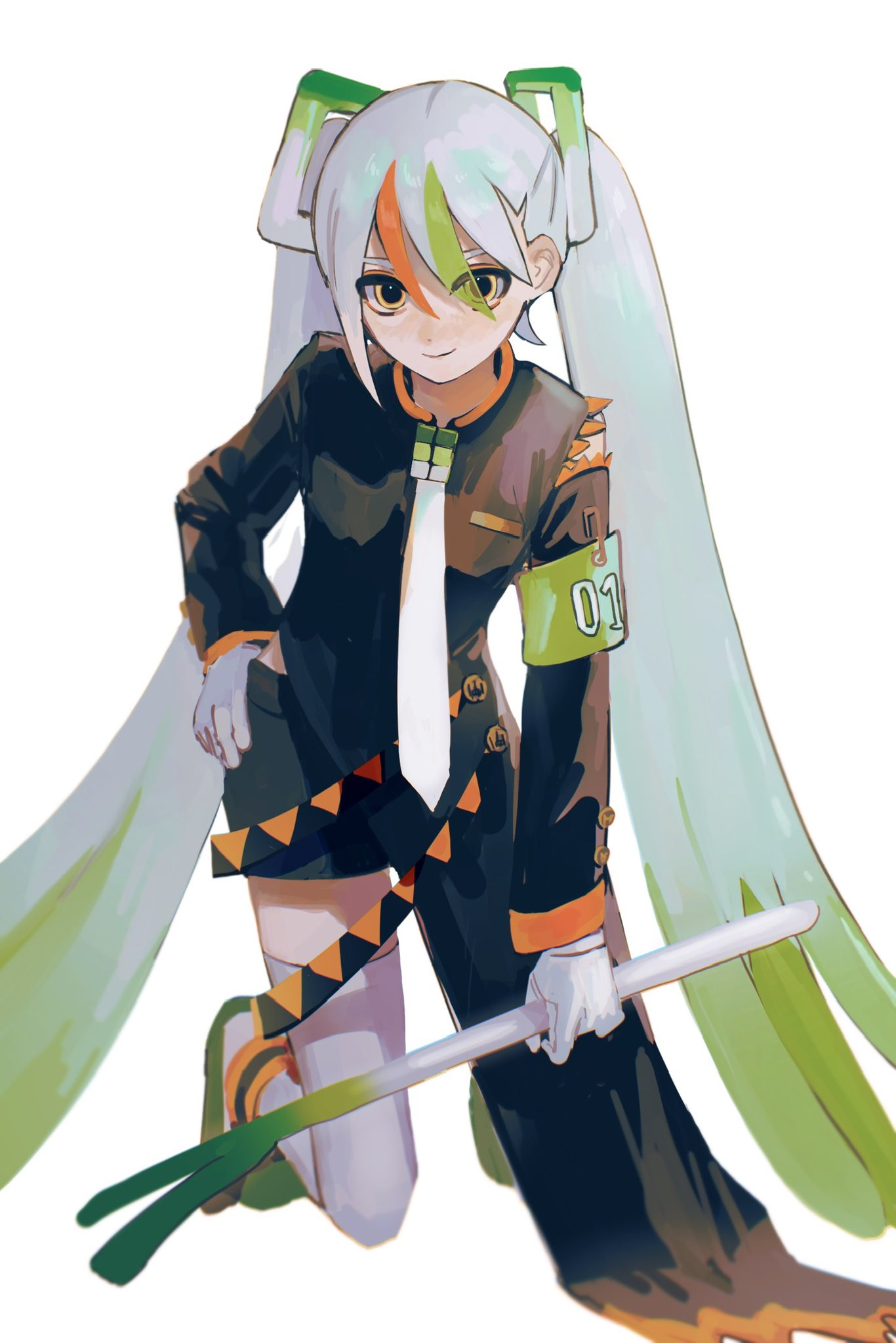 armband, black_shorts, closed_mouth, eyes_visible_through_hair, fighting_miku_(project_voltage), gloves, green_armband, green_footwear