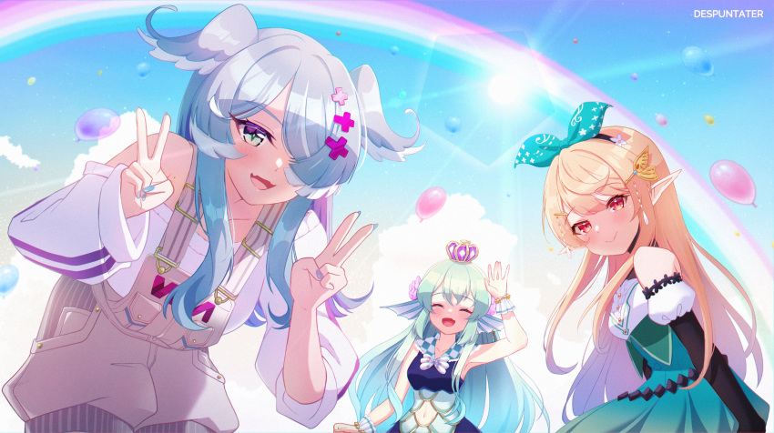 3girls, absurdres, aqua_eyes, balloon, blonde_hair, blue_hair, blue_nails, blue_wings