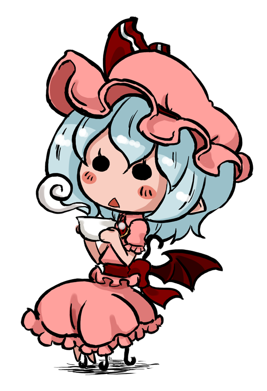 blue_hair, blush_stickers, chair, chibi, cup, hat, pointy_ears, remilia_scarlet, ribbon, sitting, sonson_(eleven), touhou, wings