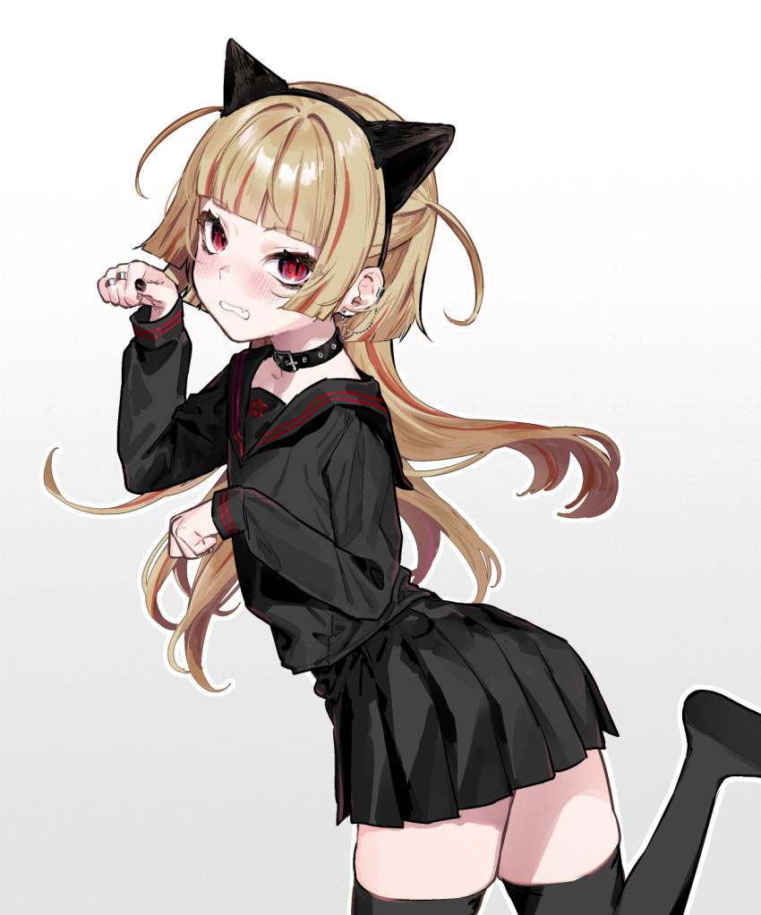 1girl, animal_ears, black_collar, black_nails, black_sailor_collar, black_serafuku, black_skirt, black_thighhighs