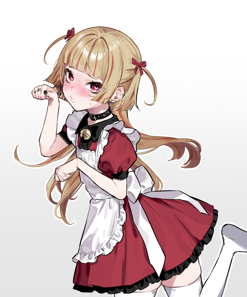 1girl, apron, back_bow, bell, black_collar, black_nails, black_trim, blonde_hair