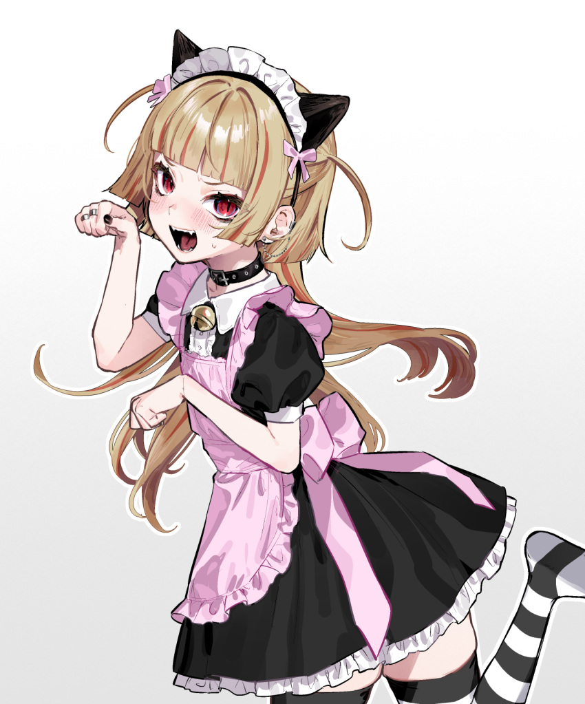1girl, animal_ears, apron, bell, black_collar, black_dress, black_nails, black_thighhighs