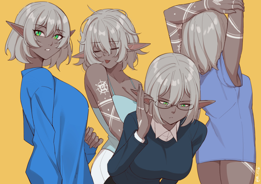1girl, absurdres, adjusting_eyewear, arm_tattoo, armpits, blouse, blue_shirt, dark-skinned_female