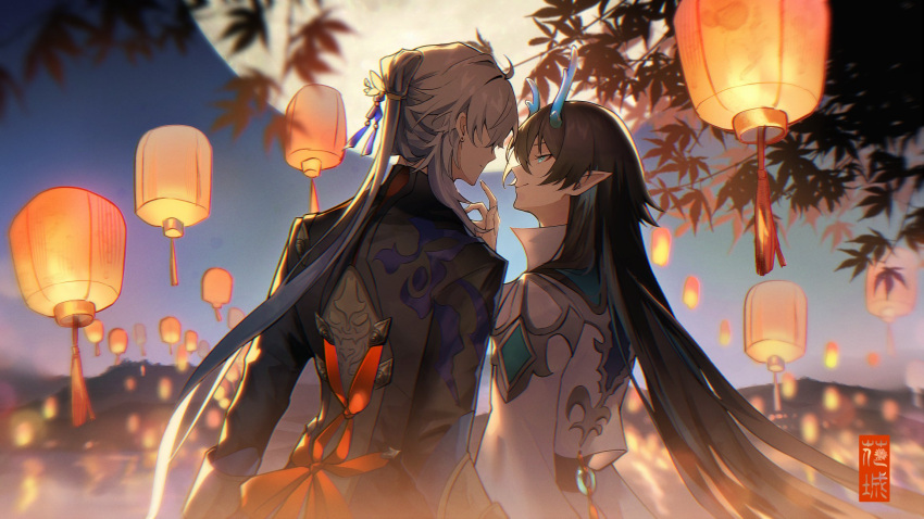 2boys, black_hair, black_sleeves, blade_(honkai:_star_rail), blue_sky, chinese_clothes, chinese_commentary, closed_mouth