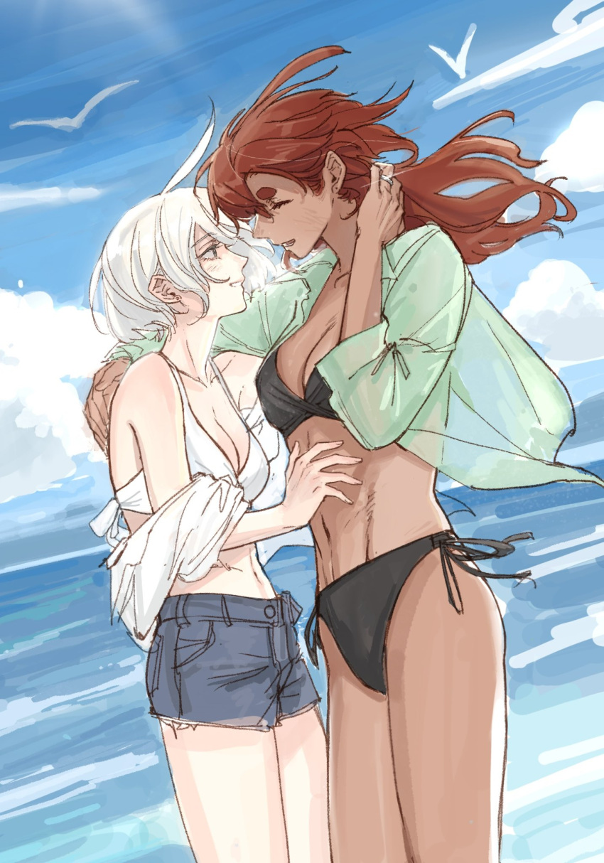 2girls, abs, bikini, black_bikini, closed_eyes, cowboy_shot, dark-skinned_female, dark_skin