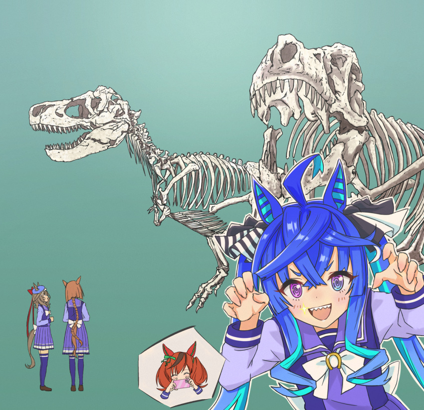 4girls, @_@, ahoge, animal_ears, animal_skeleton, blue_eyes, blue_hair, blush