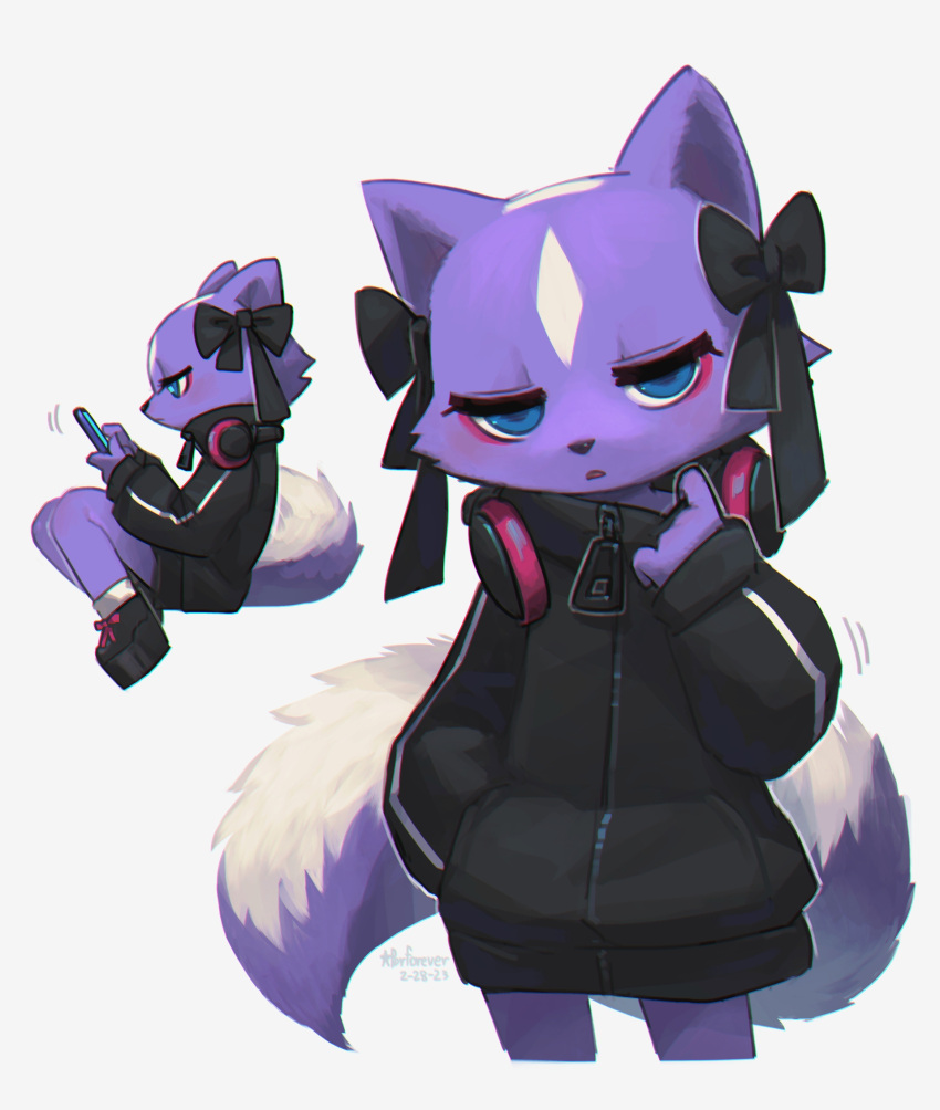 1girl, aggressive_retsuko, artist_name, black_bow, black_jacket, blue_eyes, body_fur, bottomless, bow, cellphone, cowboy_shot, eyeliner, furry, furry_female, hair_bow, half-closed_eyes, hand_in_pocket, hand_up, headphones, headphones_around_neck, high_collar, highres, holding, holding_phone, jacket, looking_at_viewer, makeup, multiple_views, phone, platform_footwear, porforever, purple_fur, shikabane_(aggretsuko), simple_background, sitting, skunk_ears, skunk_girl, skunk_tail, smartphone, standing, track_jacket, two-tone_fur, white_background, white_fur, zipper, zipper_pull_tab