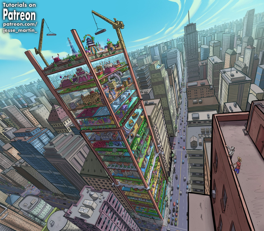 blue_sky, building, car, city, cityscape, clouds, construction_site, crane_(machine)