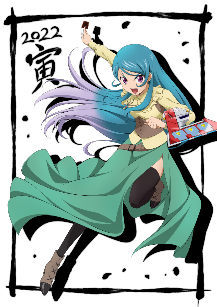 1girl, absurdres, aqua_hair, black_thighhighs, brown_footwear, card, duel_disk, frilled_shirt_collar