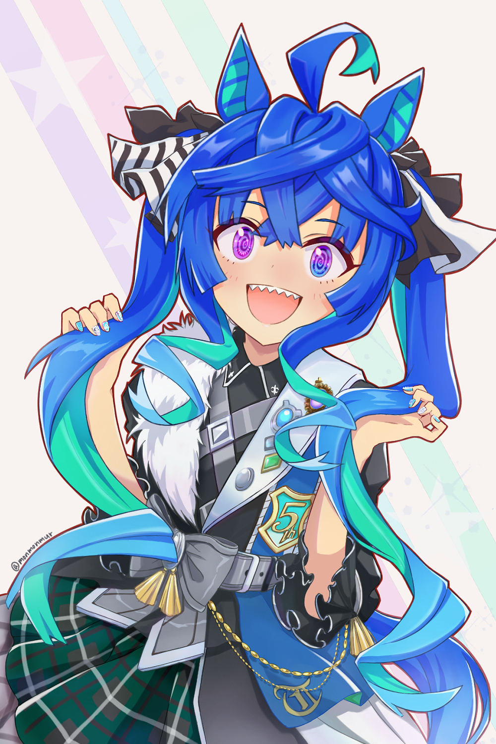 1girl, @_@, ahoge, animal_ears, belt, black_jacket, blue_eyes, blue_hair