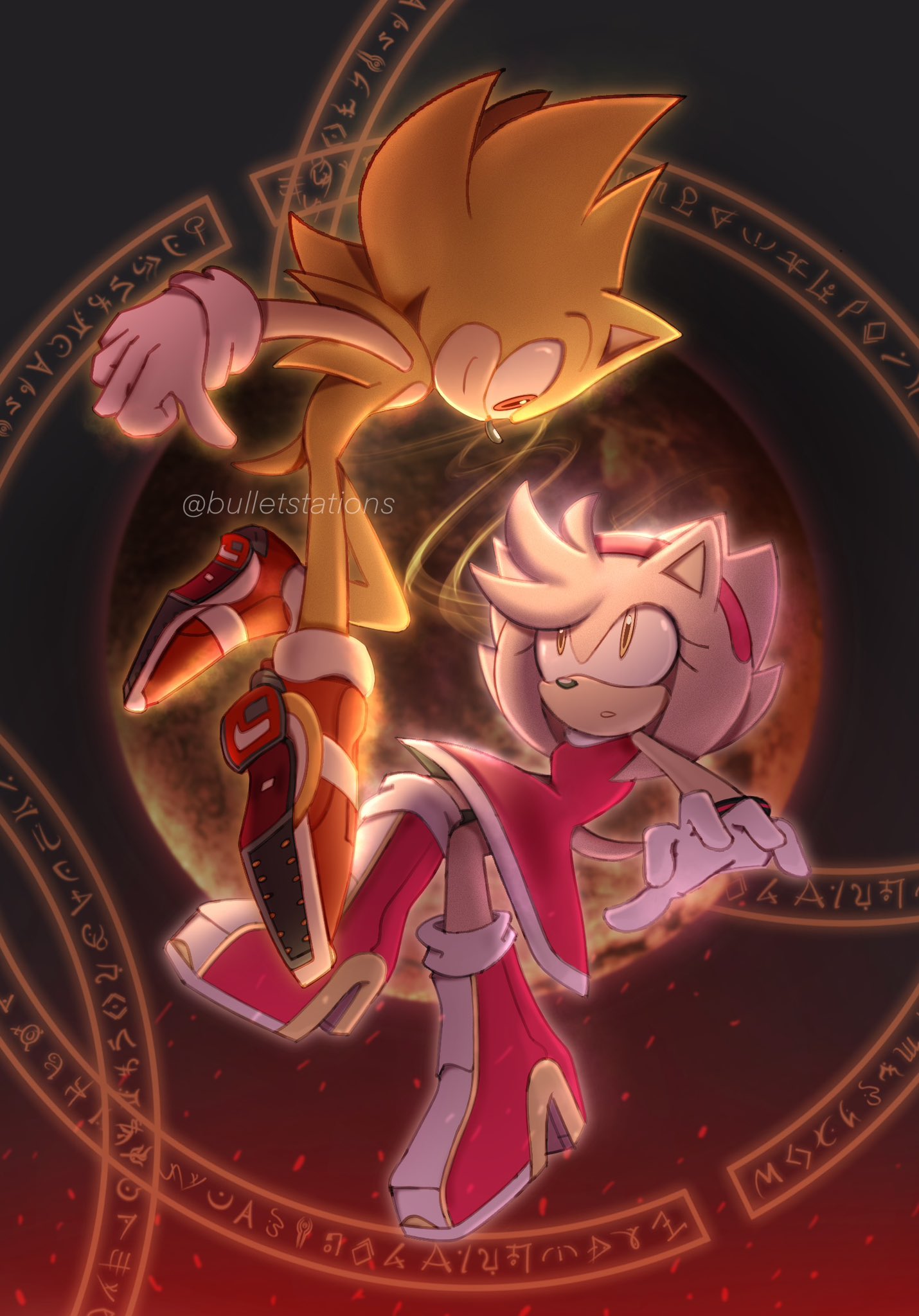amy_rose, artist_name, boots, bulletstations, dress, gloves, hairband, hedgehog, hedgehog_boy, hedgehog_ears, hedgehog_girl, hedgehog_tail, highres, looking_at_another, red_dress, red_eyes, red_footwear, red_hairband, shoes, smile, sonic_(series), sonic_the_hedgehog, super_amy_rose, super_sonic, white_gloves, yellow_eyes, yellow_fur