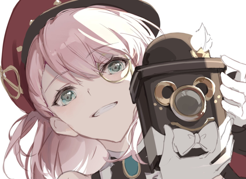 1girl, adjusting_monocle, bare_shoulders, cabbie_hat, camera, charlotte_(genshin_impact), genshin_impact, gloves
