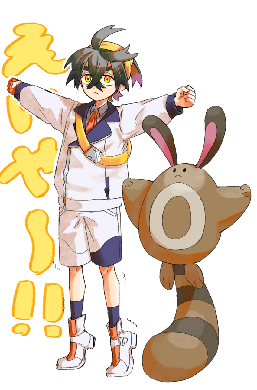 1boy, :<, antenna_hair, arms_up, bag, balancing_on_tail, black_hair, blue_socks, clenched_hands, closed_mouth, collared_shirt, colored_inner_hair, commentary_request, crossed_bangs, dean_(satori-fujioka), frown, full_body, hair_between_eyes, hairband, highres, jacket, kieran_(pokemon), lapels, long_sleeves, male_focus, mole, mole_on_neck, multicolored_hair, necktie, outstretched_arms, pokemon, pokemon_(game), pokemon_sv, purple_hair, red_necktie, school_uniform, sentret, shirt, shoes, short_hair, shorts, sidelocks, simple_background, socks, solid_circle_eyes, spread_arms, standing, tiptoes, translation_request, trembling, two-tone_hair, v-shaped_eyebrows, white_background, white_footwear, white_jacket, white_shorts, wing_collar, yellow_bag, yellow_eyes, yellow_hairband