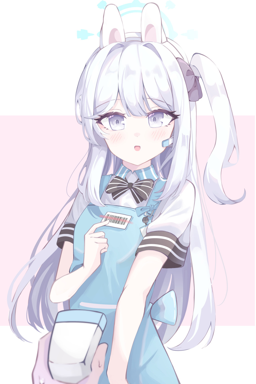 1girl, absurdres, angel's_24_uniform_(blue_archive), animal_ears, apron, barcode_scanner, black_bow, black_bowtie