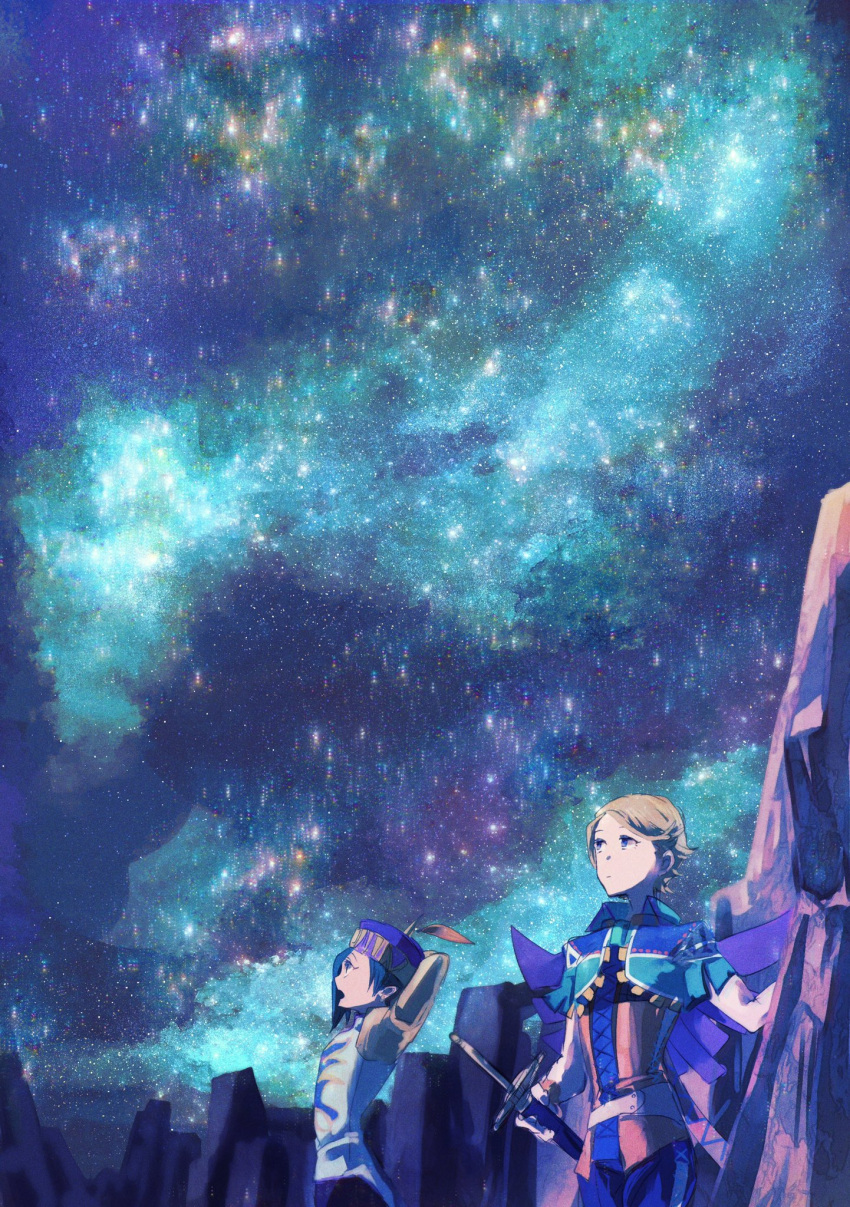 2boys, albert_(romancing_saga), blonde_hair, blue_hair, closed_mouth, hat, highres, holding