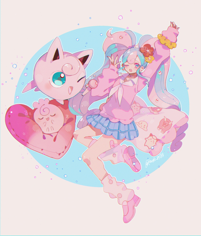 1girl, absurdres, arm_up, blue_skirt, bull_sprite_(pokemon), cardigan, choker, clefairy_sprite_(pokemon)