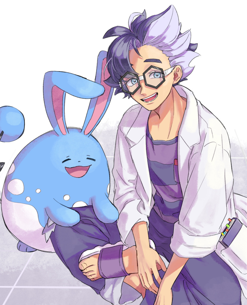 1boy, :d, ahoge, asymmetrical_bangs, azumarill, black-framed_eyewear, blue_eyes, book