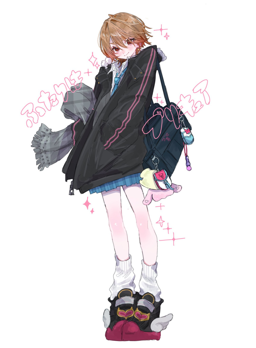 1girl, 9_jira, bag, black_footwear, black_jacket, blue_necktie, blue_skirt, brown_eyes