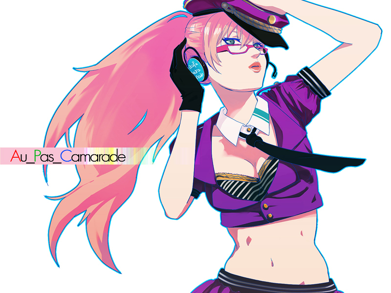 alternate_hairstyle, bespectacled, blue_eyes, breasts, cleavage, glasses, gloves, hand_on_headphones