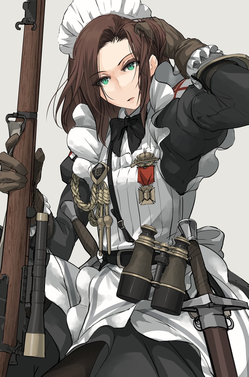 1girl, adjusting_hair, apron, arm_up, asterisk_kome, binoculars, black_bow, black_bowtie
