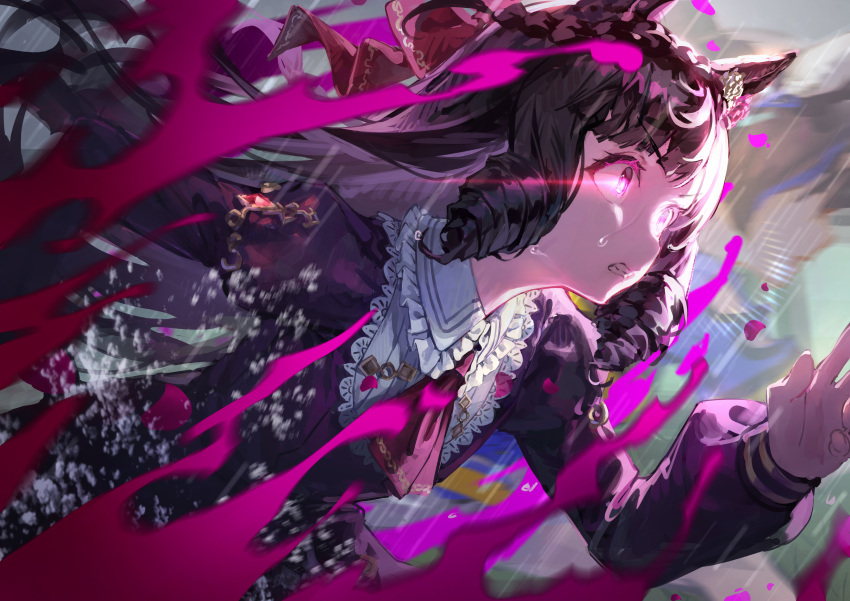 2girls, absurdres, animal_ears, aura, black_hair, blurry, blurry_background, clenched_teeth