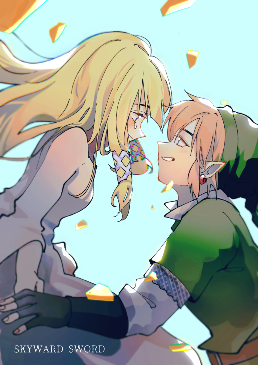 1boy, 1girl, belt, belt_buckle, black_gloves, blonde_hair, blue_background, blue_eyes