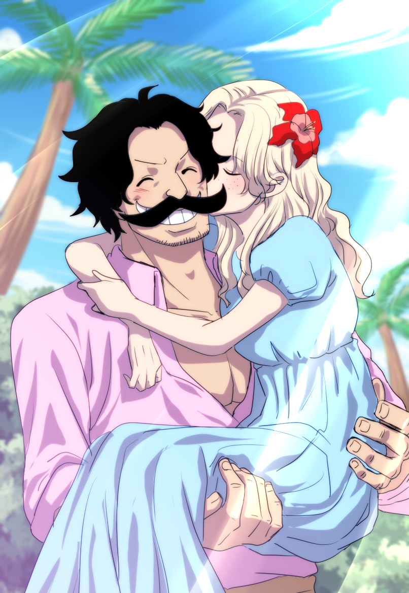 1boy, 1girl, black_hair, blonde_hair, blue_dress, blush, carrying, carrying_person, closed_eyes, dress, facial_hair, flower, freckles, gol_d._roger, hair_flower, hair_ornament, hug, kiss, kissing_cheek, long_hair, musasabiop, mustache, one_piece, outdoors, palm_tree, pink_shirt, portgas_d._rouge, princess_carry, shirt, short_hair, short_sleeves, smile, stubble, teeth, tree