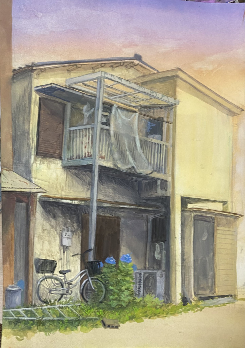 air_conditioner, balcony, bicycle, bicycle_basket, blue_flower, building, door, flower, grass, highres, hkwryyy_pepe, house, ladder, no_humans, original, painting_(medium), plant, recycle_bin, sky, traditional_media
