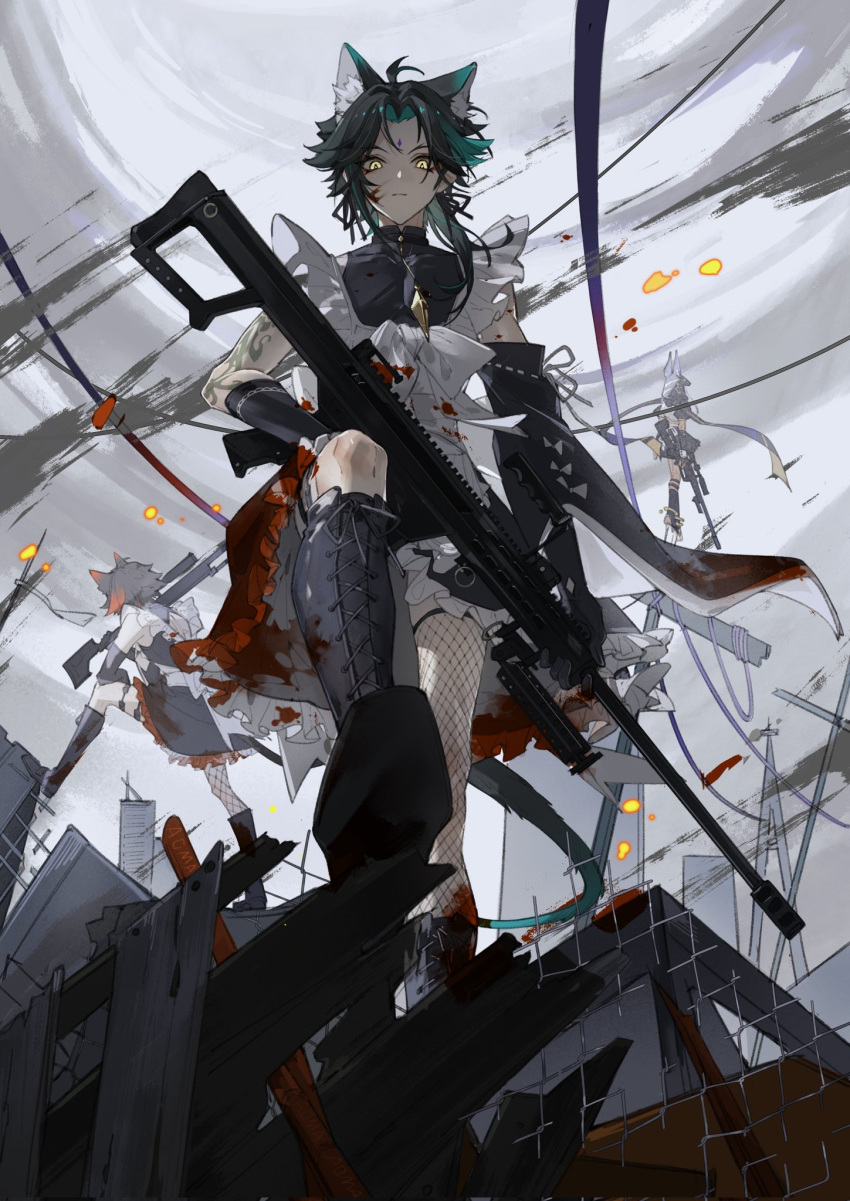 3boys, animal_ears, aoma_(xuanzexuexi), apron, bishounen, blood, blood_on_clothes, cat_boy