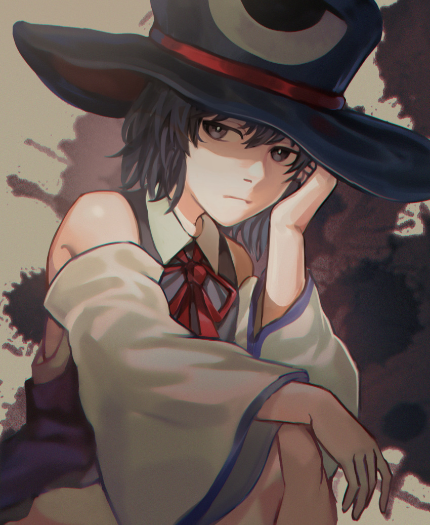 1other, androgynous, arm_on_knee, bare_shoulders, black_coat, black_eyes, black_hair, black_headwear