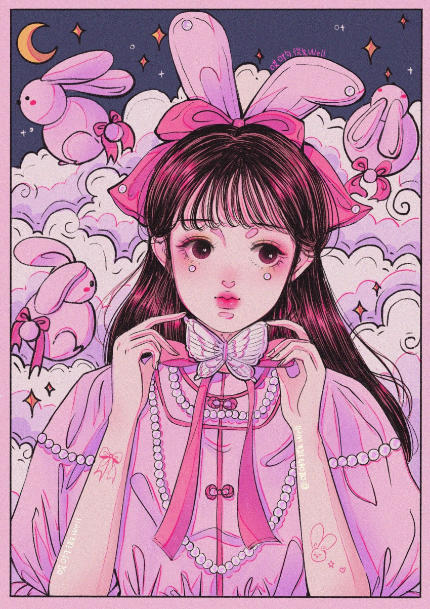 1girl, adjusting_bowtie, ai_yo_wei_well, animal_ears, arm_tattoo, artist_name, border, bow