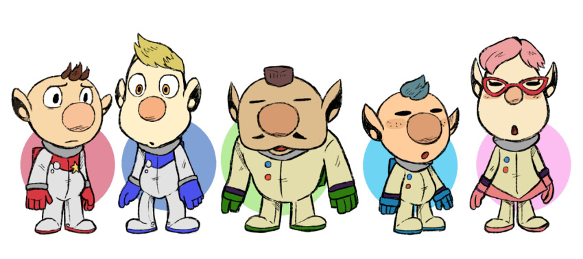 1girl, 4boys, :o, alien, alph_(pikmin), backpack, badge, bag