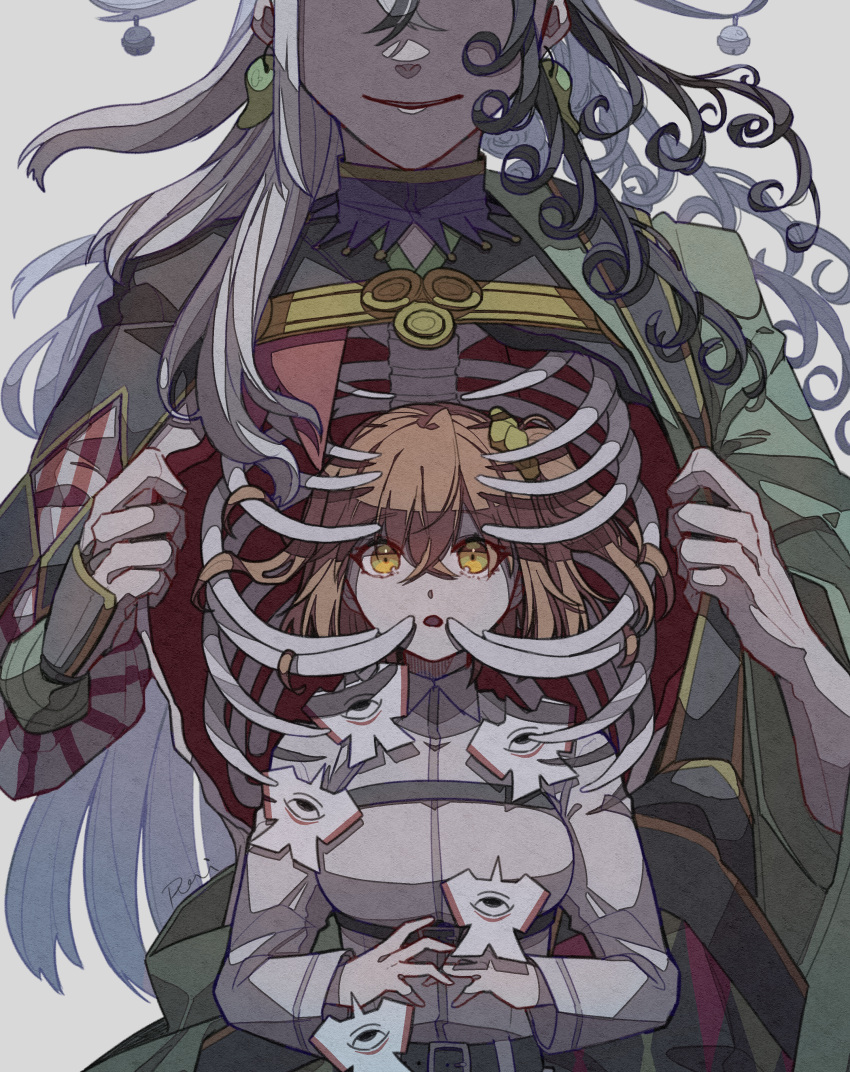 1boy, 1girl, absurdres, am1582, ashiya_douman_(fate), black_hair, bone, earrings
