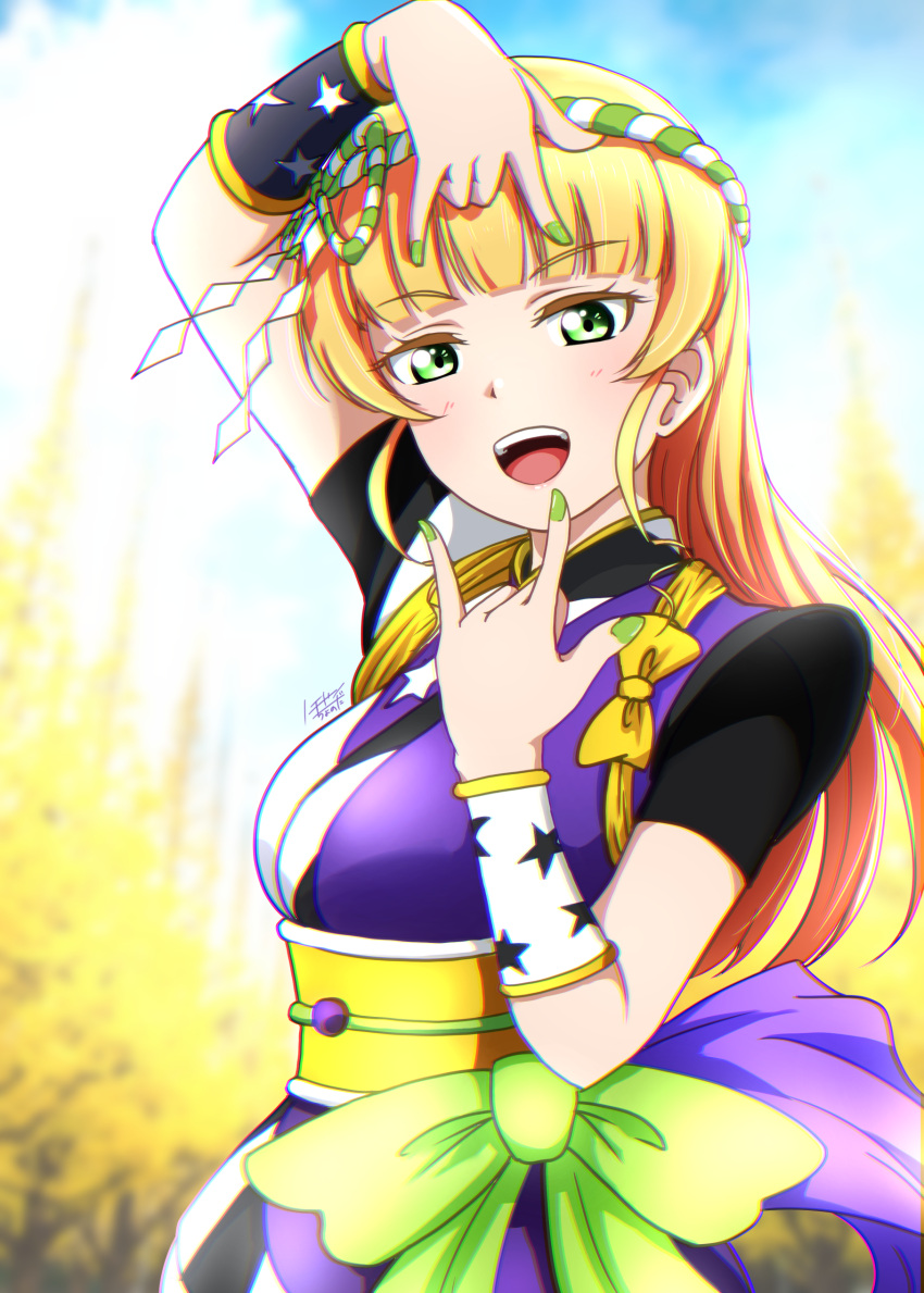 1girl, absurdres, arms_up, blonde_hair, blunt_bangs, breasts, chance_day_chance_way!, commentary_request
