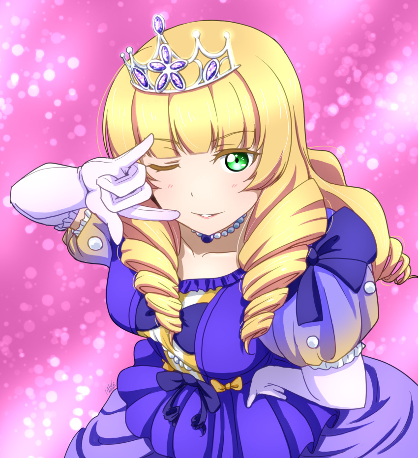 1girl, blunt_bangs, breasts, commentary_request, dress, drill_hair, elbow_gloves, facing_viewer