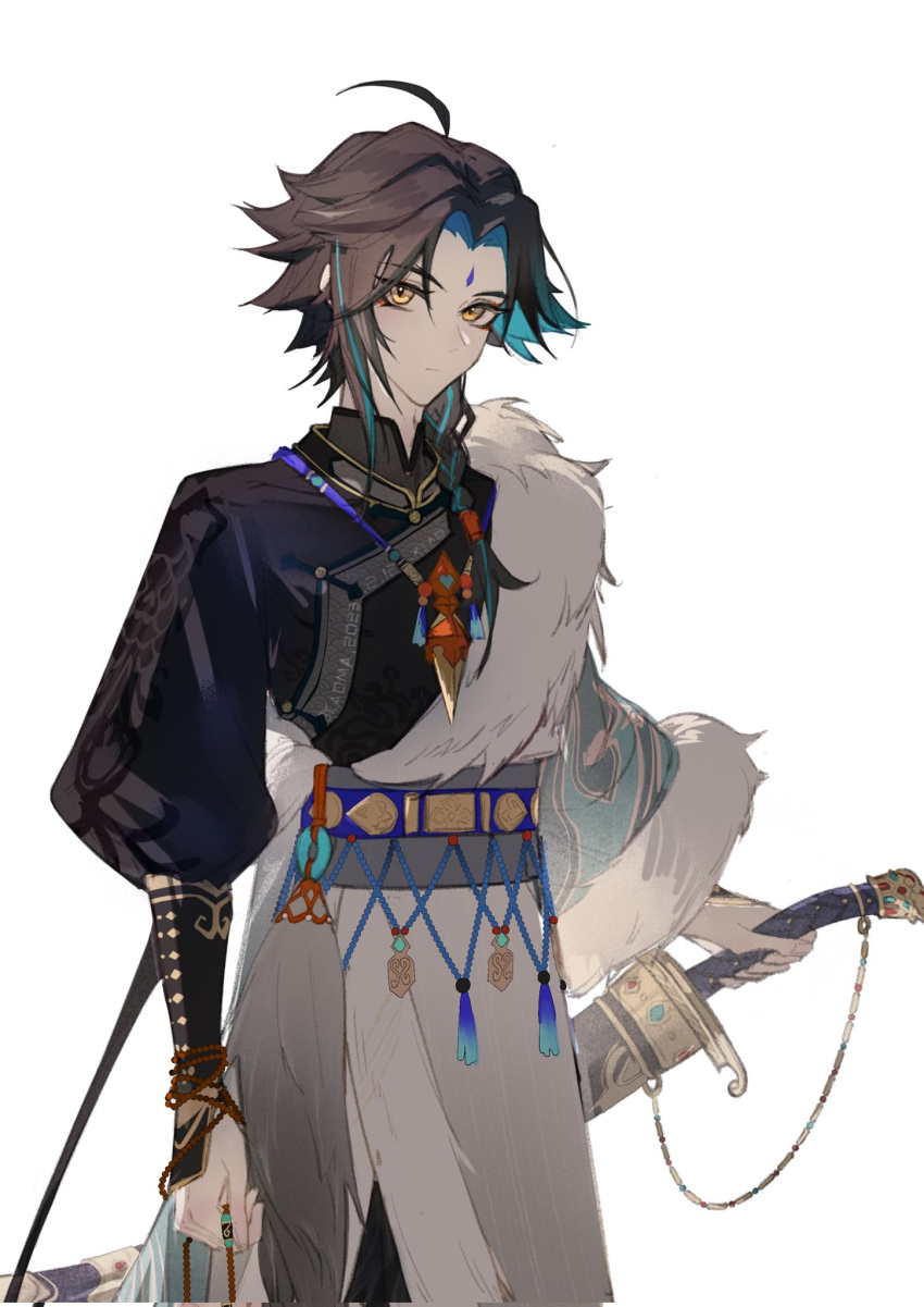 1boy, ahoge, alternate_costume, aoma_(xuanzexuexi), bishounen, black_hair, cowboy_shot, fur_trim