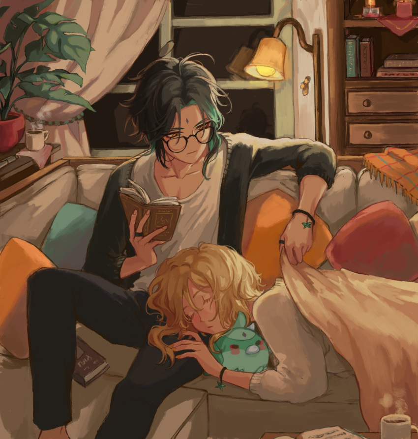 1boy, 1girl, absurdres, black_hair, blonde_hair, couch, couple, genshin_impact, glasses, hetero, highres, indoors, lamp, lumine_(genshin_impact), on_couch, peatchoune, short_hair, sleeping, stuffed_toy, xiao_(genshin_impact), yellow_eyes