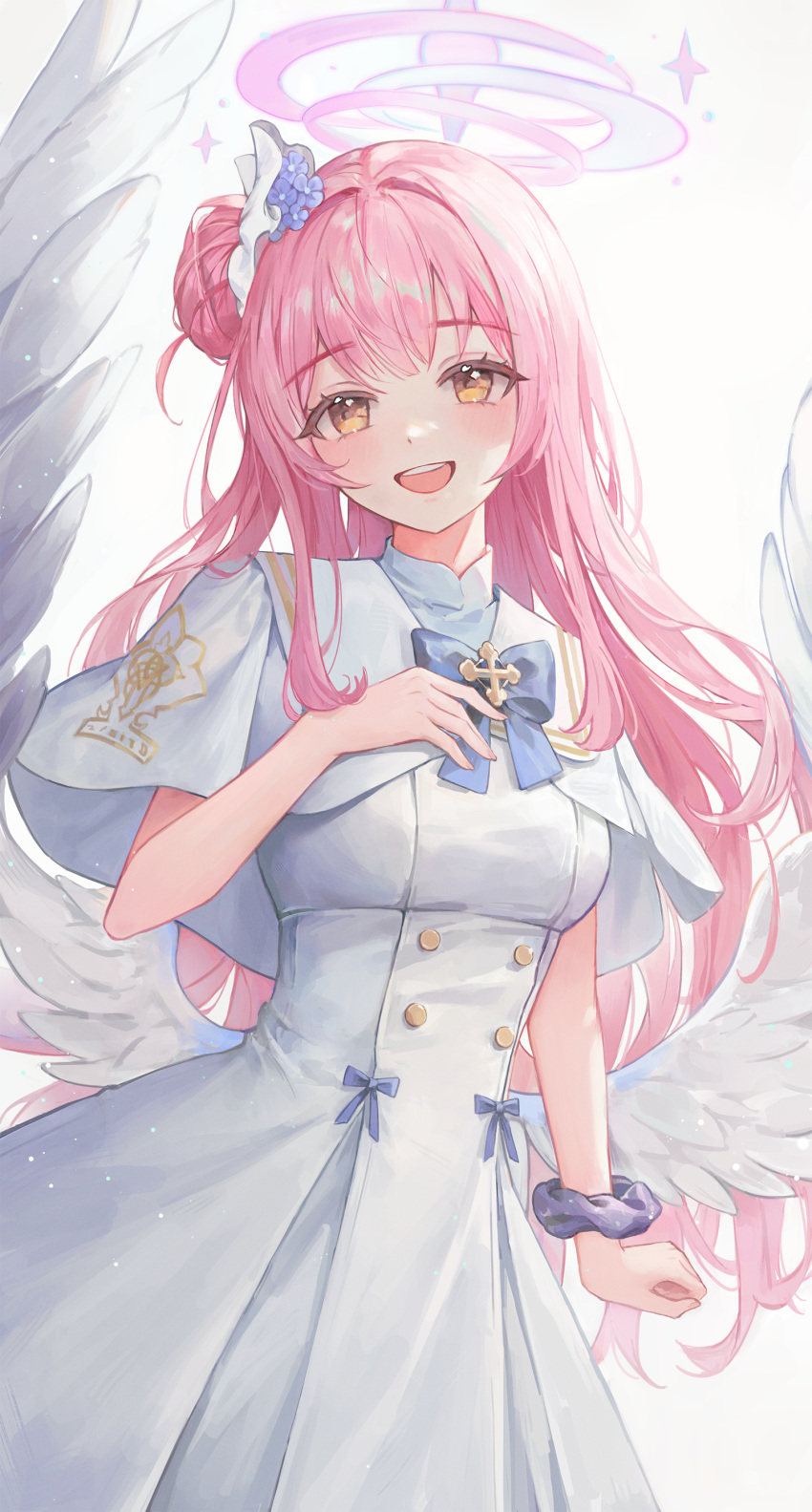 1girl, absurdres, angel_wings, blue_archive, blush, capelet, dress, feathered_wings