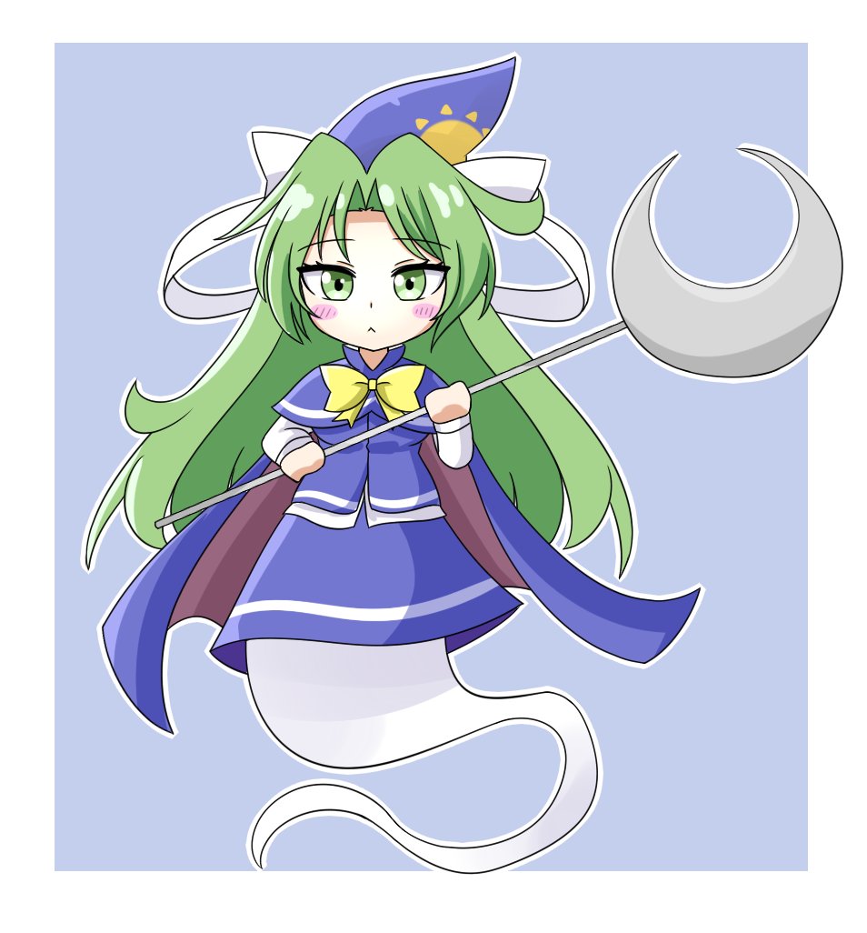 1girl, cape, ghost, ghost_tail, green_eyes, green_hair, hat, holding