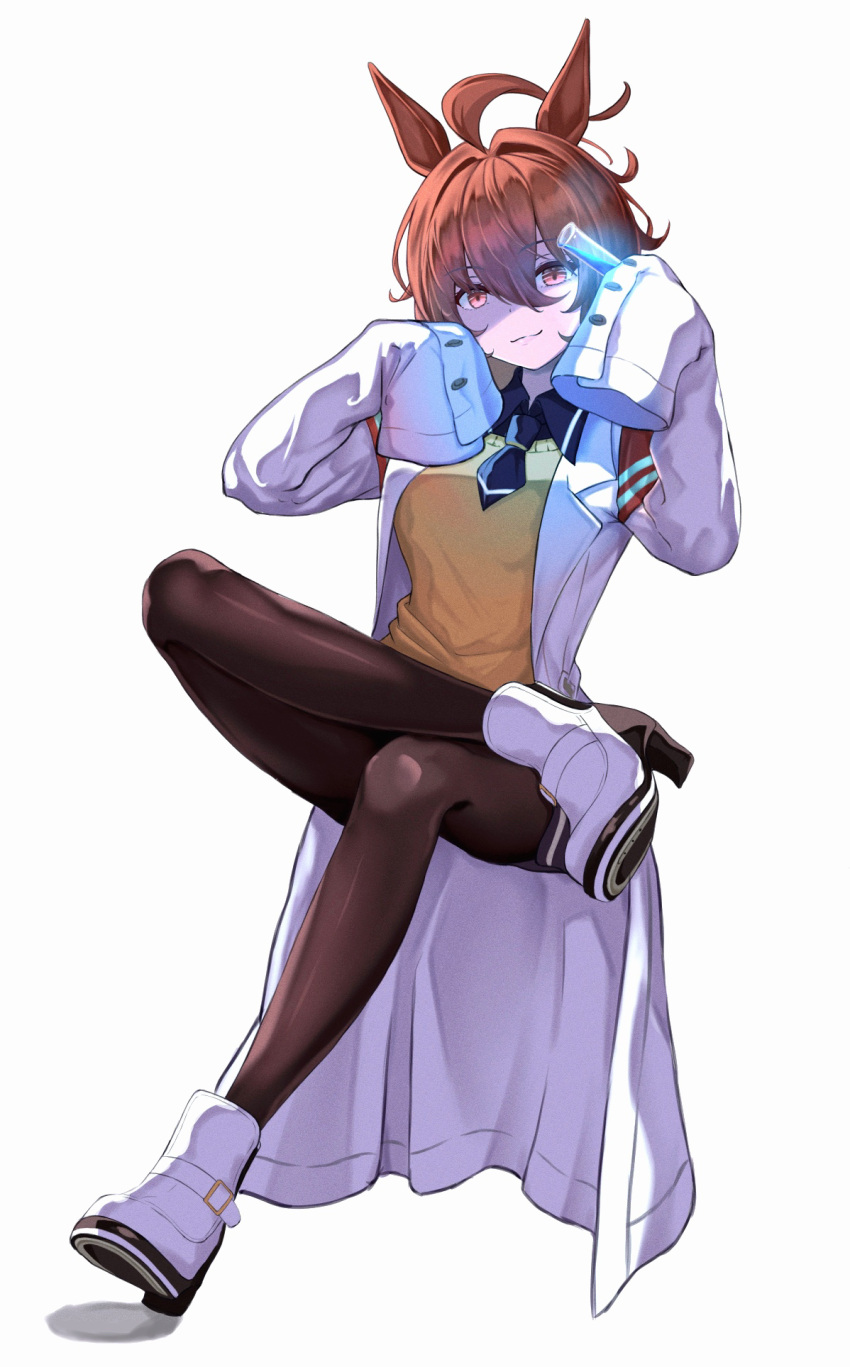 agnes_tachyon_(umamusume), ahoge, black_necktie, black_pantyhose, black_shirt, brown_hair, chemical_structure, collared_shirt