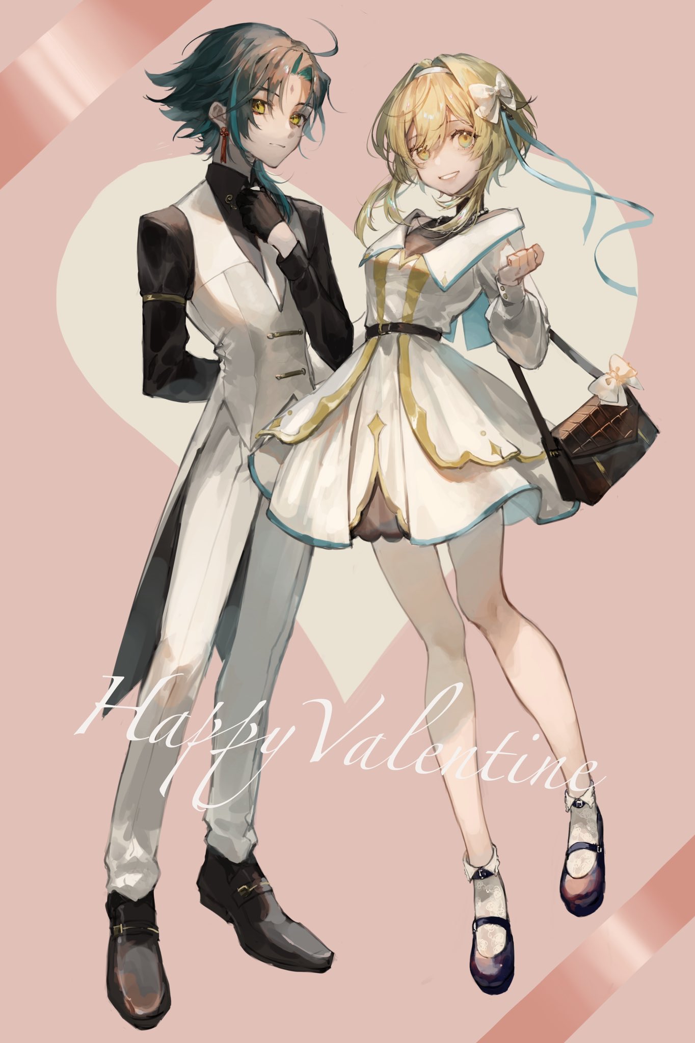 1boy, 1girl, alternate_costume, black_gloves, black_hair, blonde_hair, couple, dress, full_body, genshin_impact, gloves, happy_valentine, heart, hetero, highres, lumine_(genshin_impact), short_hair, simple_background, sin_005io, suit, white_dress, xiao_(genshin_impact), yellow_eyes