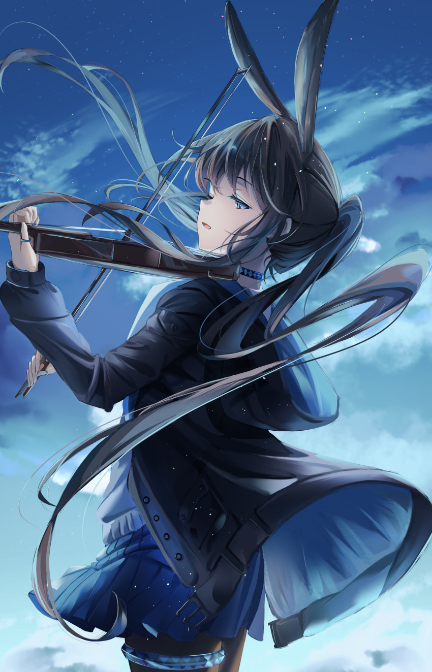 1girl, absurdres, amiya_(arknights), animal_ears, arknights, black_jacket, black_pantyhose, blue_eyes, blue_skirt, blue_sky, brown_hair, cowboy_shot, extra_ears, floating_hair, from_behind, highres, holding_bow_(music), holding_violin, hood, hood_down, hooded_jacket, infection_monitor_(arknights), instrument, jacket, jewelry, long_hair, long_sleeves, multiple_rings, music, night, ohagi_umeume, open_clothes, open_jacket, open_mouth, outdoors, pantyhose, playing_instrument, ponytail, rabbit_ears, rabbit_girl, ring, shirt, sidelocks, skirt, sky, solo, thumb_ring, very_long_hair, white_shirt